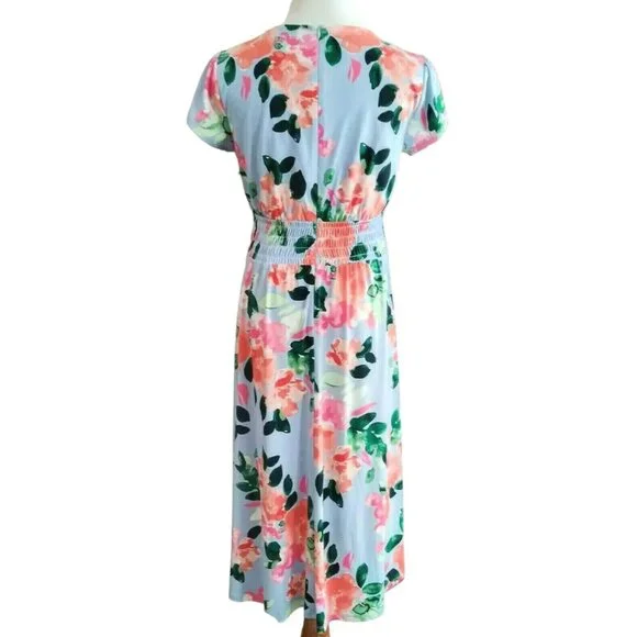 Size 12 VINCE CAMUTO BLUE FLORAL PRINT MIDI DRESS Summer‎ Wedding Party Church - Picture 4 of 7